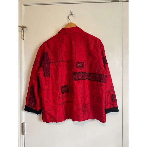 Chico's Design red 100% silk jacket embroidered beaded lined collar 2 US L 12 - Picture 2 of 7